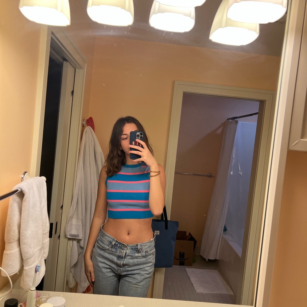 Zara Striped Knit Crop Top; size medium but can fit small; pink and blue